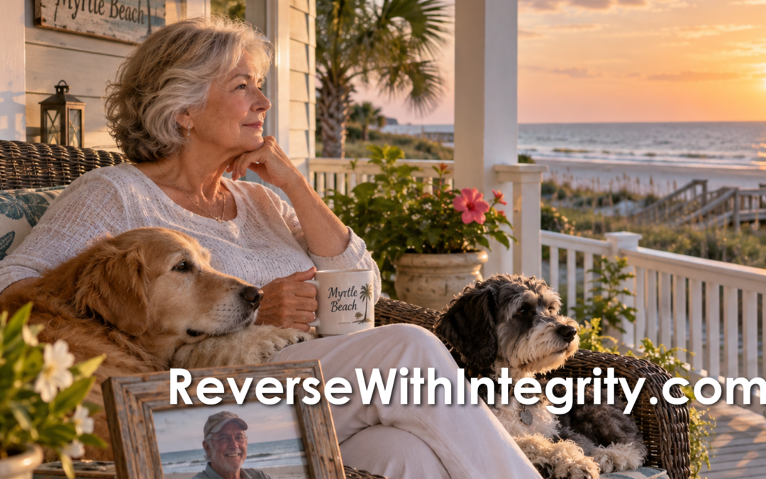 A widowed retiree sitting with her dogs on the porch of her Myrtle Beach home, reflecting on the life she shared with her husband.