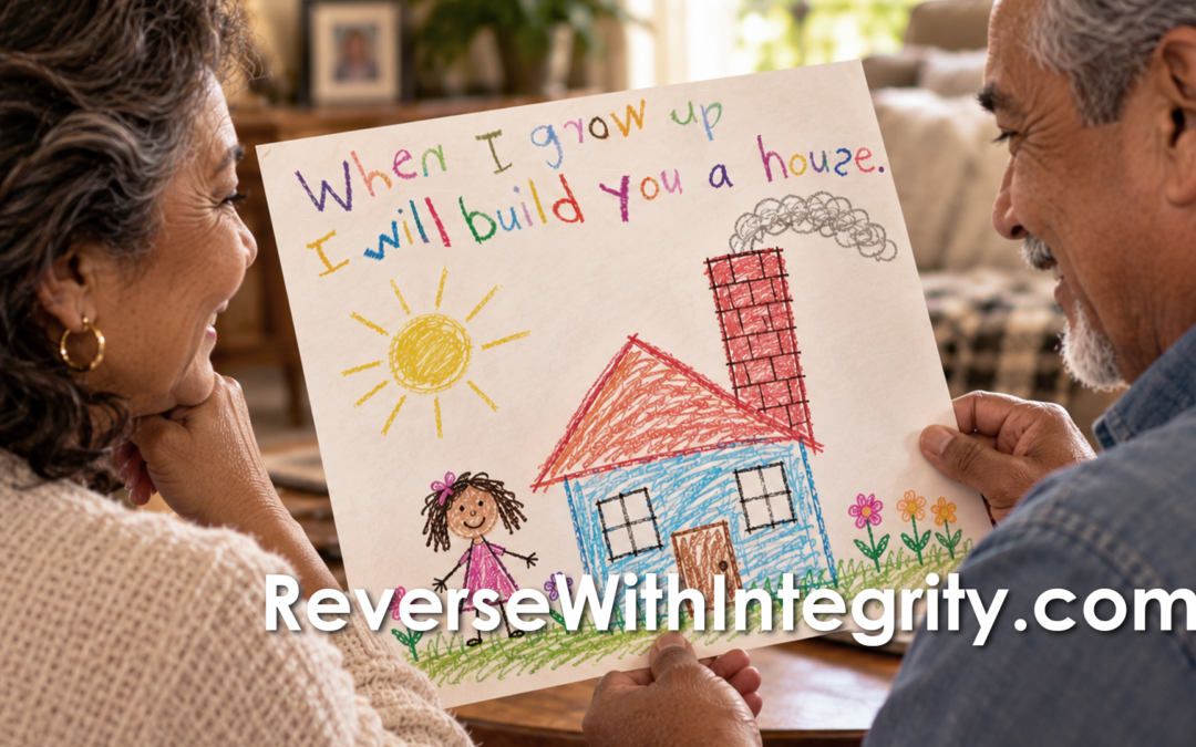 retired grandparents looking at drawing from kid